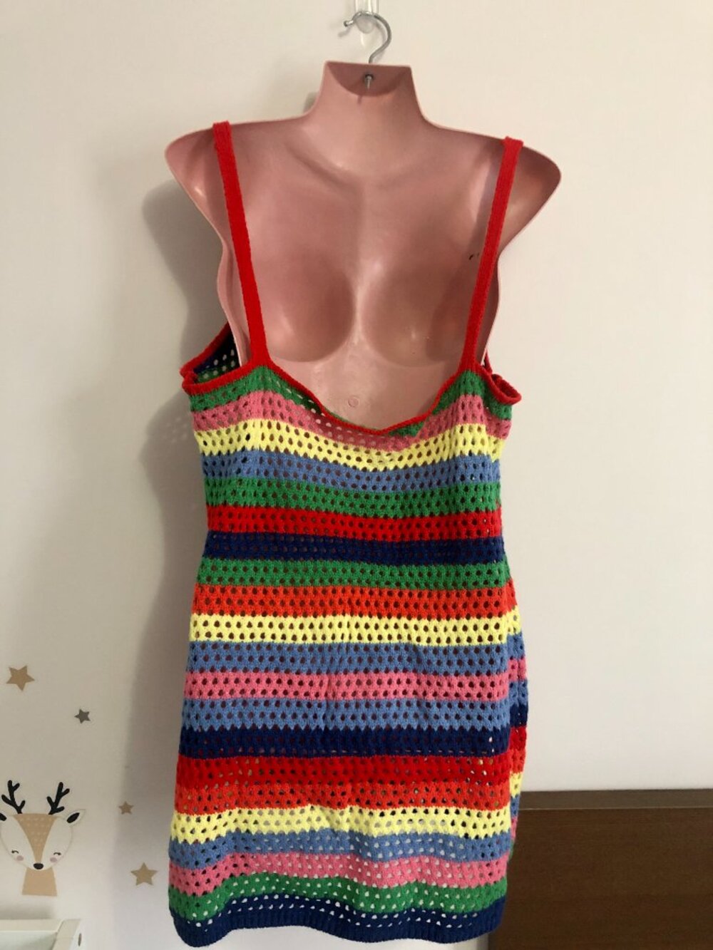 Boho Crochet Mini Dress Cover-Up Beach Size L Stripes Shein Colorful Summer - Picture 5 of 15